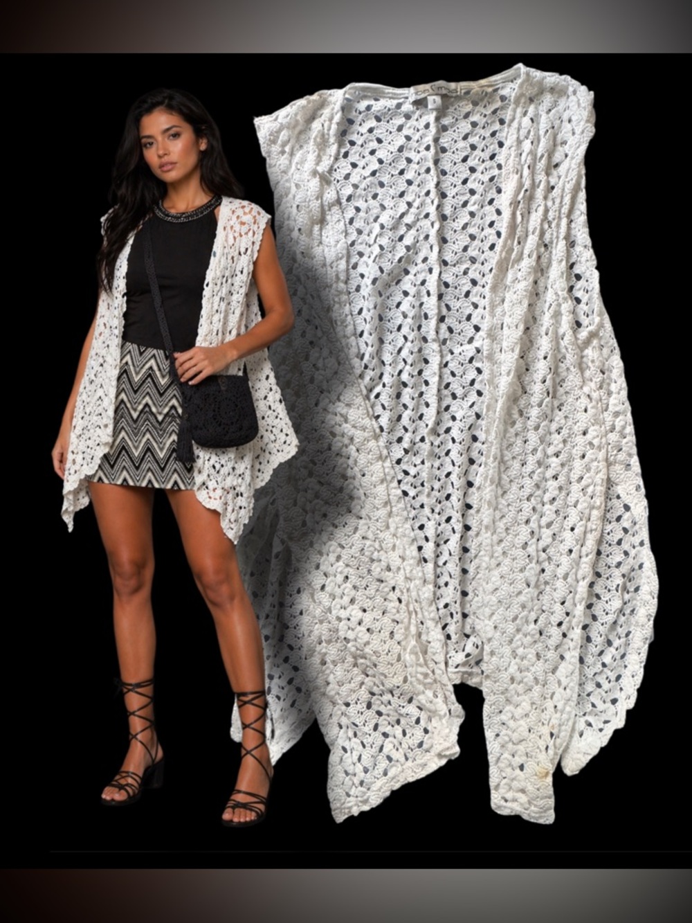 Moa Moa Cream Crochet Open Front Cardigan Vest Boho Size Small